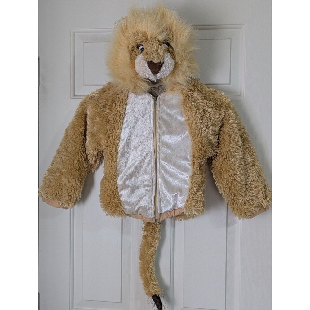 VTG Lion Halloween Costume Jacket Child Large Brown Zip Furry Hooded Mane Tail